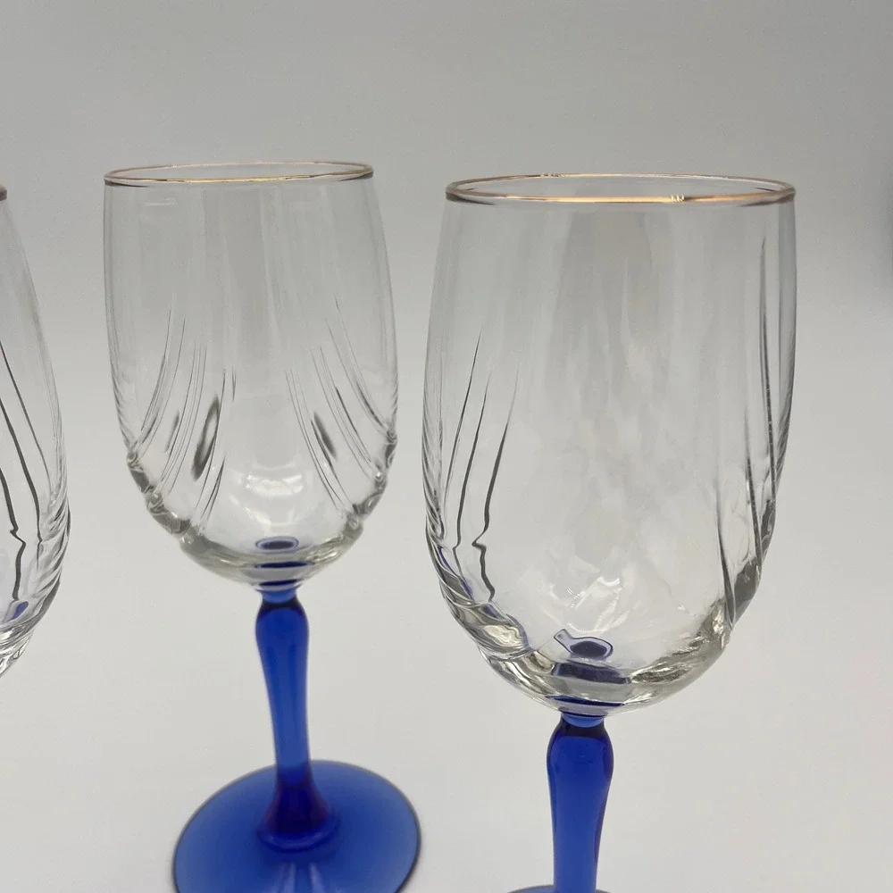 3 Vintage Wine Glasses Cobalt Blue Stem Gold Rim Optic Swirl Clear Bowl Set